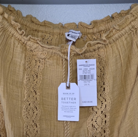 NWT American Eagle XL Mustard Yellow Lace Boho Smocked Crop Top Cottagecore - Picture 3 of 11